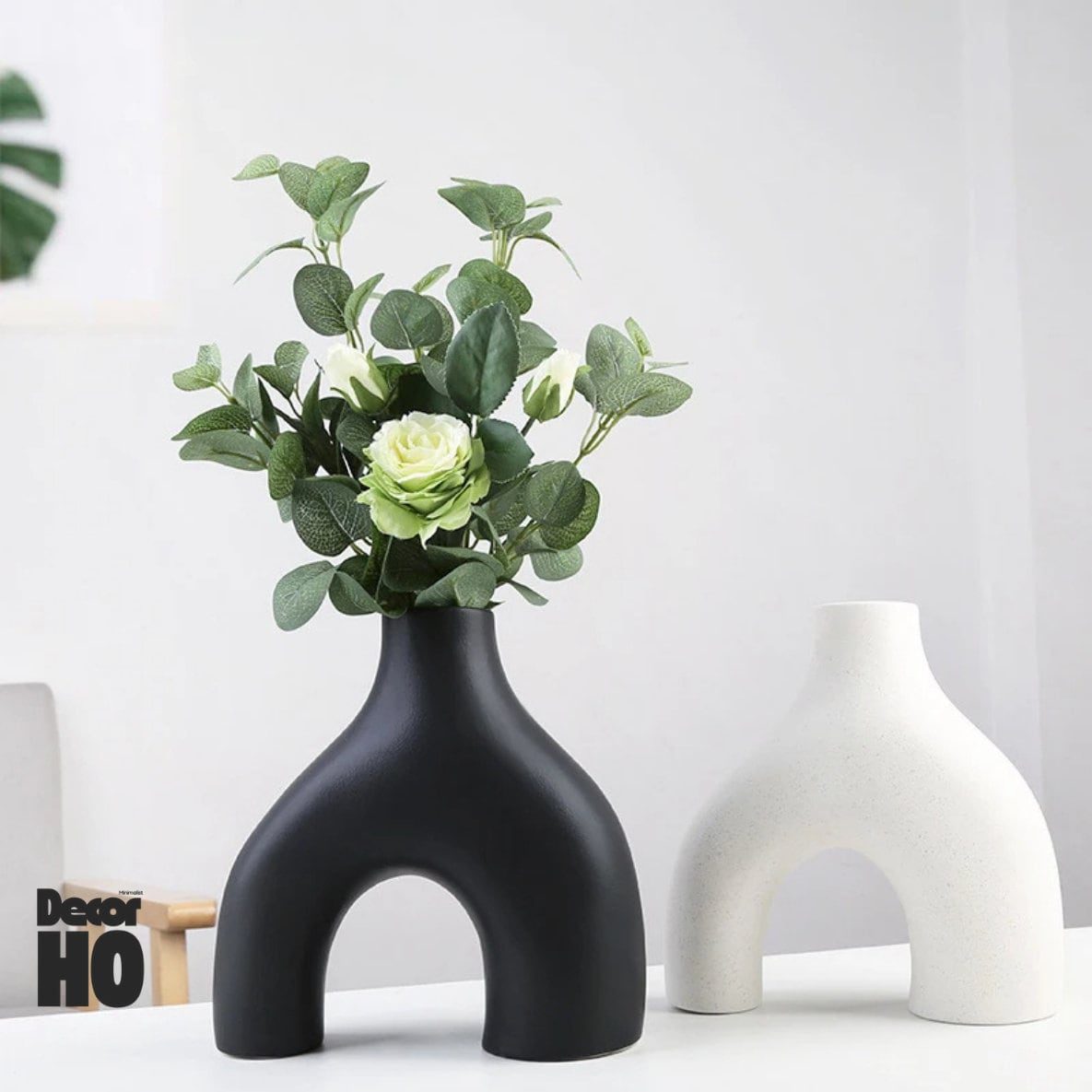 Set of 2 Circular Black Hollow Vases, Small and Large Donut Design, Boho Style