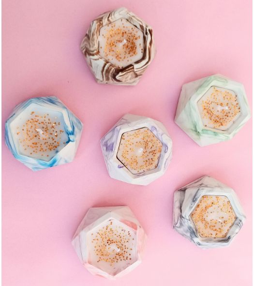 Pack of 2 Hexagon Candles for Home Decor Marble Design Premium Quality Candles Concrete Pot Colourful Candle