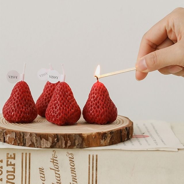Pack of 2 | Pack of 6 | Pack of 12 Strawberry Shaped Candle for Decorations Handmade Aesthetic Suitable for Home Decor Wedding Decor, Diy Scented Candles Winter & Holiday Gift for Women