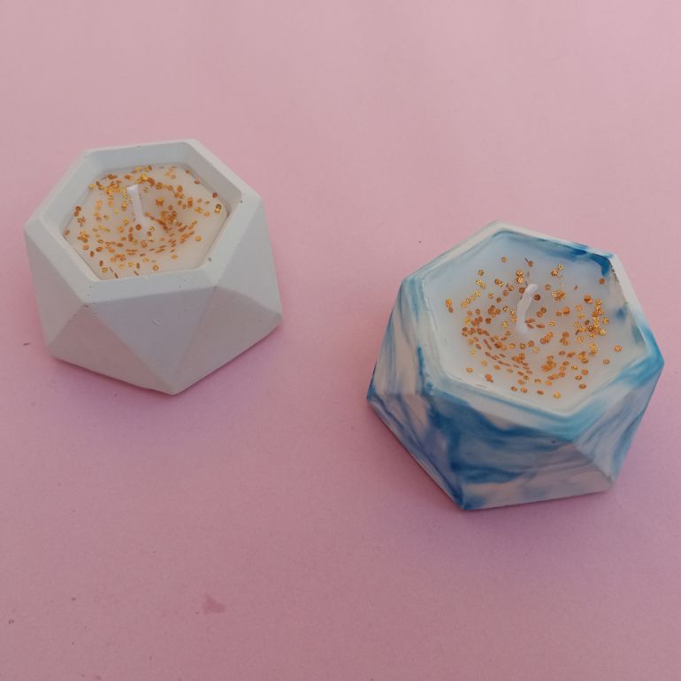 Pack of 2 Hexagon Candles for Home Decor Marble Design Premium Quality Candles Concrete Pot Colourful Candle
