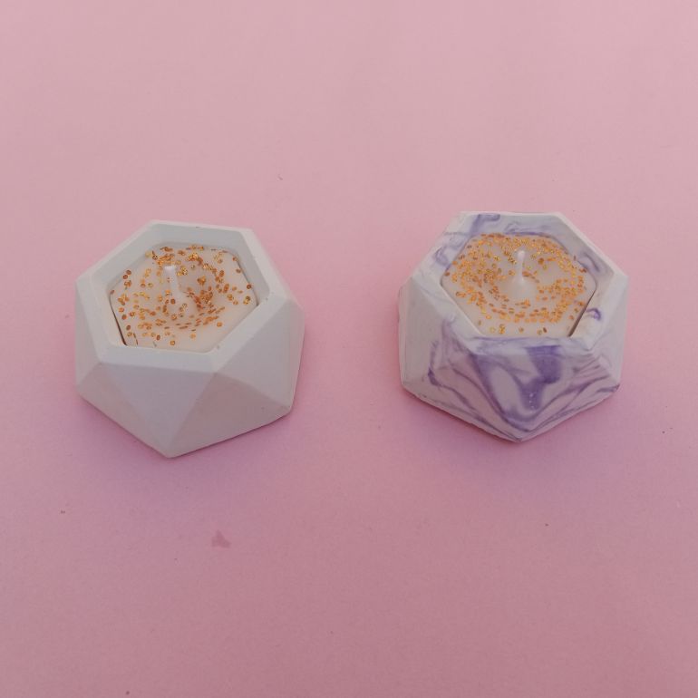 Pack of 2 Hexagon Candles for Home Decor Marble Design Premium Quality Candles Concrete Pot Colourful Candle