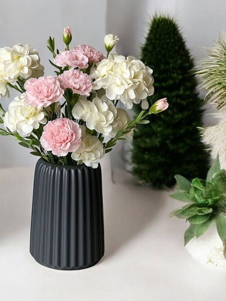 Minimalist Ribbed Concrete Flower Vase | Modern Decorative Vase for Living Room, Bedroom, Office Desk & Dining Table | Home Decor Centerpiece