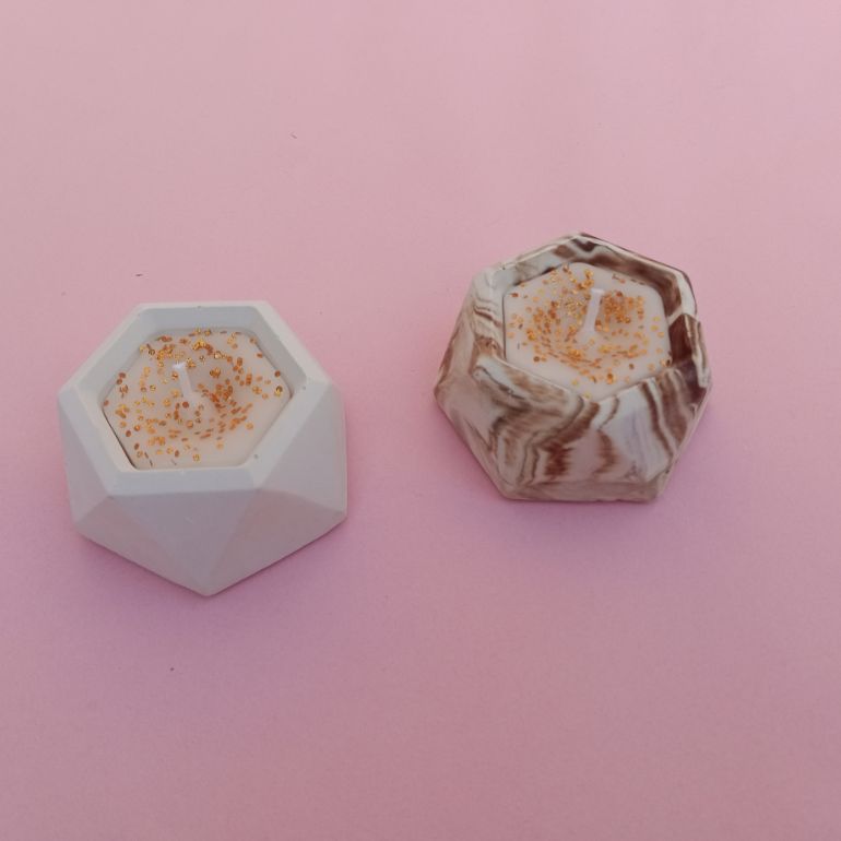 Pack of 2 Hexagon Candles for Home Decor Marble Design Premium Quality Candles Concrete Pot Colourful Candle