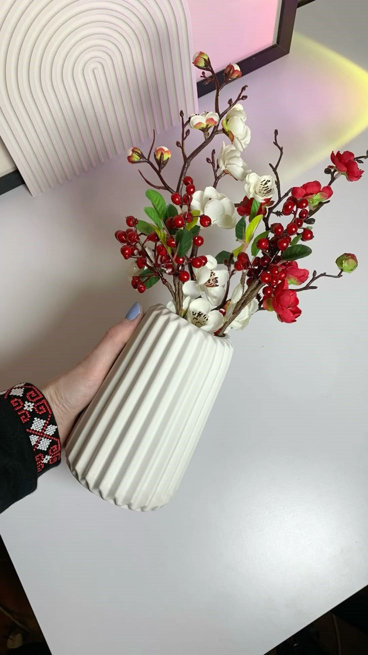 Minimalist Ribbed Concrete Flower Vase | Modern Decorative Vase for Living Room, Bedroom, Office Desk & Dining Table | Home Decor Centerpiece