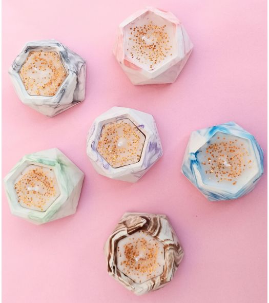 Pack of 2 Hexagon Candles for Home Decor Marble Design Premium Quality Candles Concrete Pot Colourful Candle