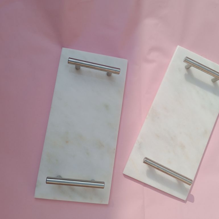 Buy One Marble Serving Tray Get One Concrete Tray Free Handmade Marble Tray for Perfume Jewelry Decorative Tray for Serving Fruits and Salads Multipurpose Tray with Handles Cosmetic Trinket Tray