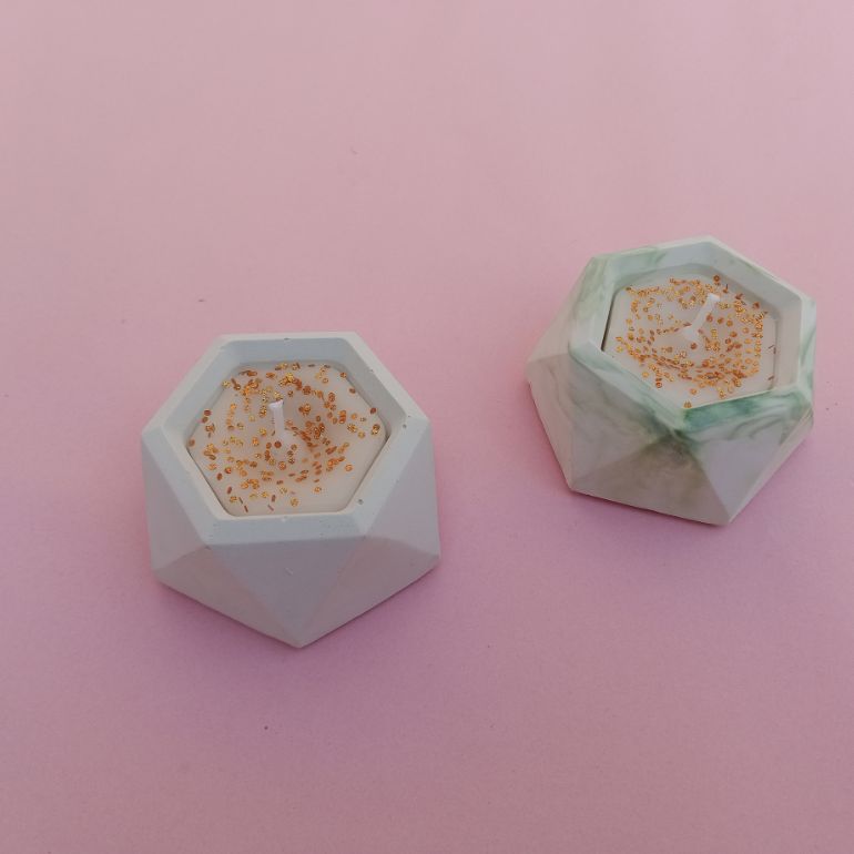 Pack of 2 Hexagon Candles for Home Decor Marble Design Premium Quality Candles Concrete Pot Colourful Candle